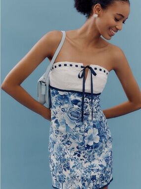 Strapless Blue & White Floral Mini Dress